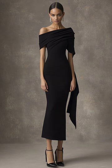 One Shoulder Sheath Tea Length Black Tie Dress with Sash